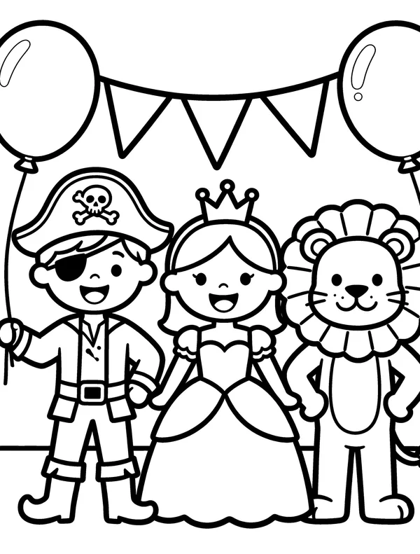 Ausmalbild Fasching mit Pirat, Prinzessin und Löwe – Vorschau