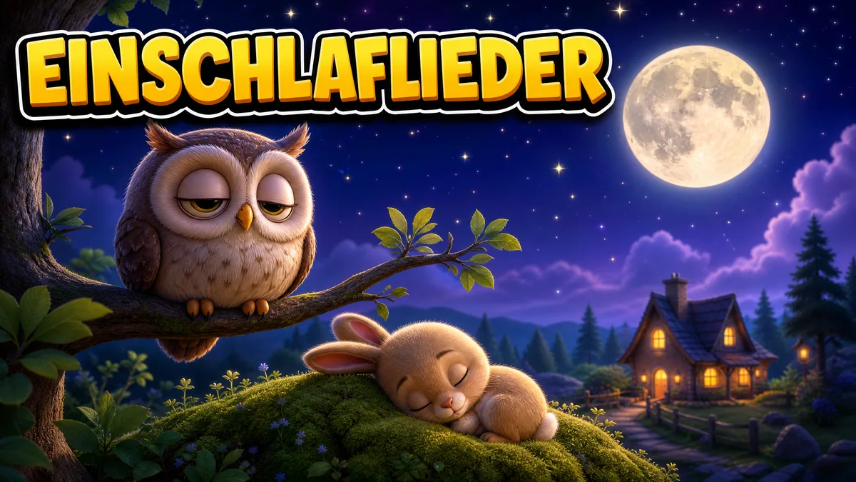 Titelbild „Einschlaflieder“: schläfrige Eule auf einem Ast und ein schlafendes Häschen unter dem Vollmond