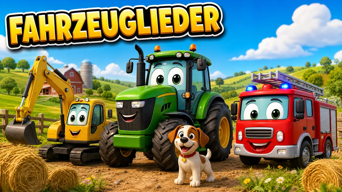 Titelbild „Fahrzeuglieder“: grüner Traktor, gelber Bagger und rotes Feuerwehrauto auf einem Feld