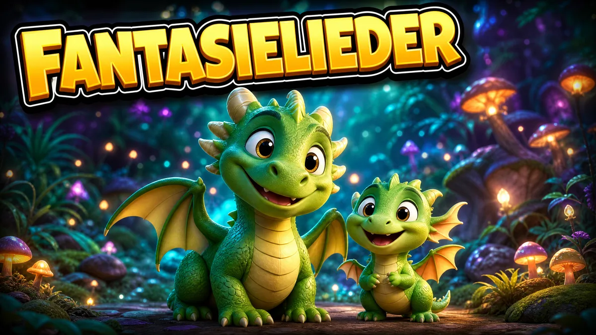 Titelbild „Fantasielieder“: ein großer und ein kleiner grüner Drache in einem leuchtenden Zauberwald