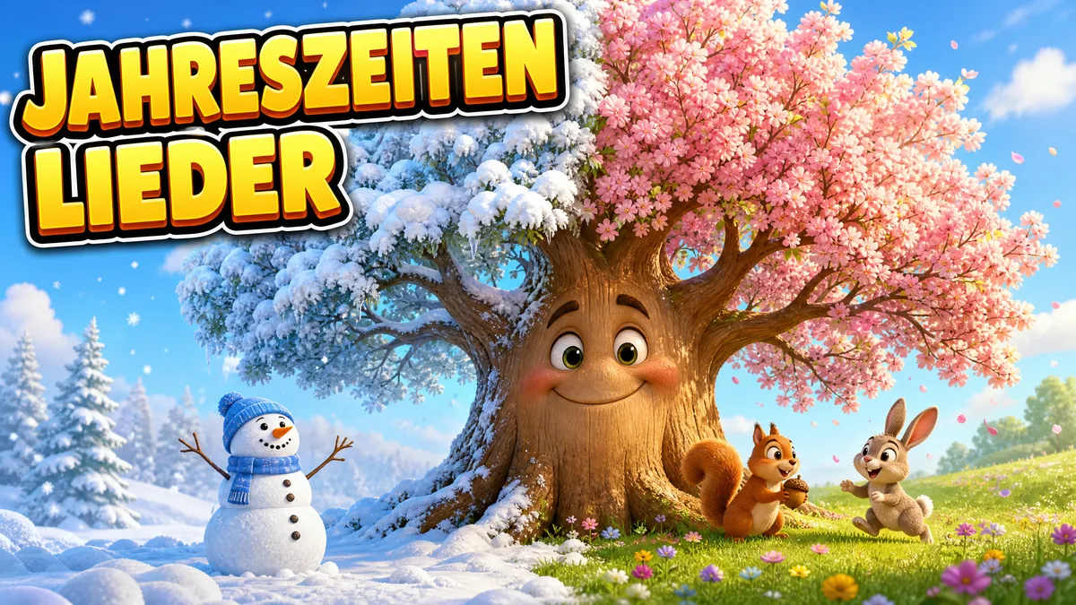 Titelbild „Jahreszeitenlieder“: ein Baum, links verschneit mit Schneemann, rechts in rosa Frühlingsblüte