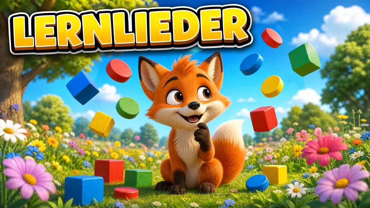 Titelbild „Lernlieder“: kleiner Fuchs auf einer Blumenwiese, umgeben von bunten Bauklötzen