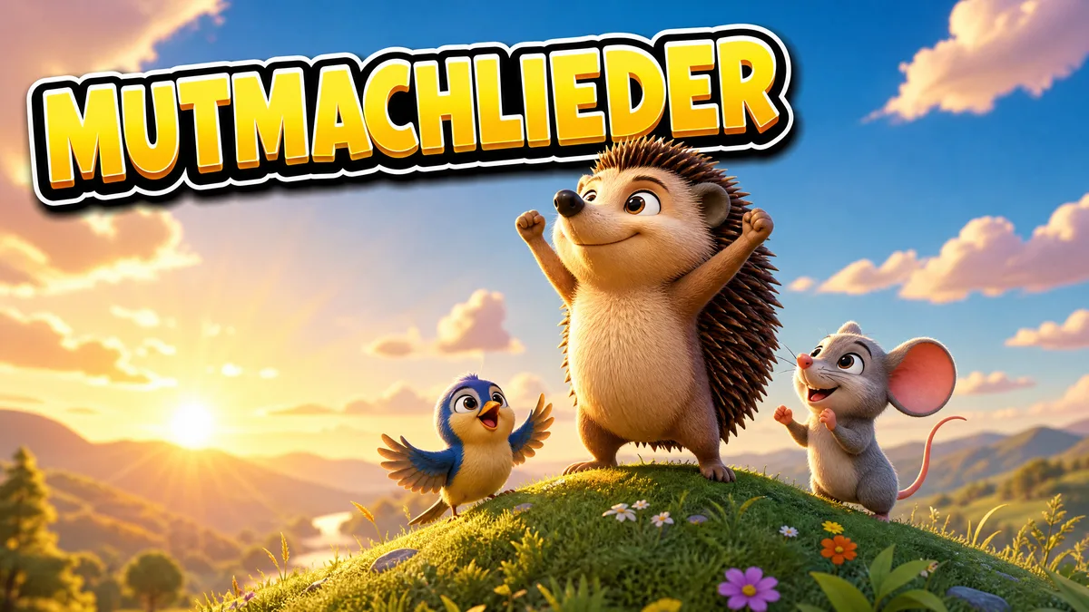 Titelbild „Mutmachlieder“: kleiner Igel steht mit erhobenen Armen auf einem Hügel, Maus und Vogel jubeln