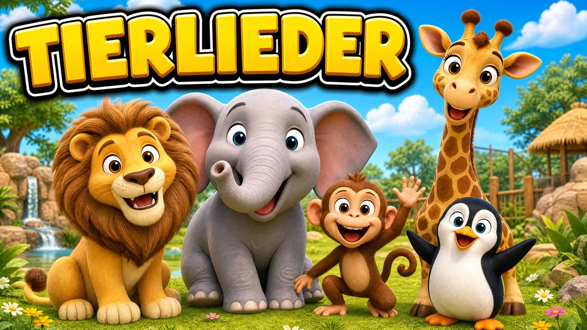 Titelbild „Tierlieder“: Löwe, Elefant, Affe, Giraffe und Pinguin auf einer sonnigen Wiese im Zoo